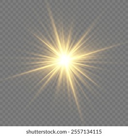 Sun flush with raos or gold spotlyght and boke. Gold lance flares network. Yellow glowing light burst and transparent back ground. Lights flare, star flash light, white sun rays, png. 