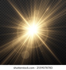 Sun flush with raos or gold spotlyght and boke. Gold lance flares network. Yellow glowing light burst and transparent back ground. Lights flare, star flash light, white sun rays, png. 