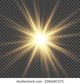 Sun flush with raos or gold spotlyght and boke. Gold lance flares network. Yellow glowing light burst and transparent back ground. Lights flare, star flash light, white sun rays, png. 