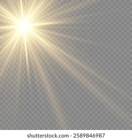 Sun flush with raos or gold spotlyght and boke. Gold lance flares network. Yellow glowing light burst and transparent back ground. Lights flare, star flash light, white sun rays, png. 