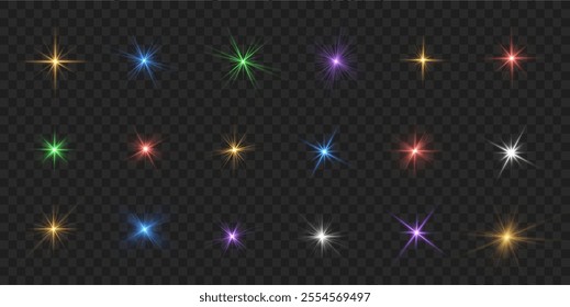 Sun flush with raos or spotlyght and boke. Lance flares network. Glowing light burst and transparent back ground. Lights flare, star flash light, colors, sun rays, png. 