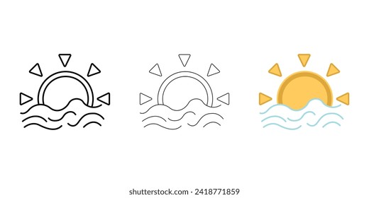Sun in the fog Weather Icon vector image on white background. Three icons thick, thin, colored outline. Can be used for mobile apps, web apps and print media