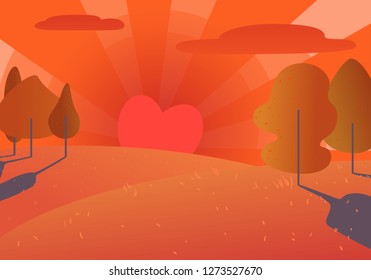 The sun in the form of a heart illuminates the clouds, trees, hills with grass. Vector illustration to Valentine's Day with landscape. Flat graphics with gradients.