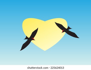 The sun in the form of heart and two beautiful birds against the sky
