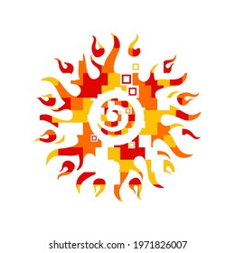 The sun is in the form of a raging flame. With the addition of pixelated design, and bright colors. Can be used in posters, logos, emblems and more.