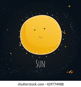 The sun in the form of a smiley face in the starry background. Vector illustration.