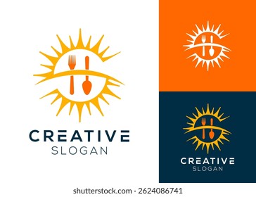 Sol que forma la letra S con el diseño del logotipo de la cuchara y del tenedor para la comida y el restaurante