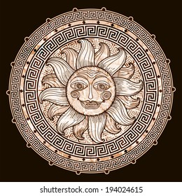 Sun in frame with a meander. Imitation antique graphics. Hand drawing