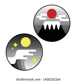 The sun with Fuji mountain, sky and cloud and night sky with the  moon, blue cloudy sky and sea. Concept logo design use for printing, t-shirt, cards, wrapping paper, poster, fabric print and tattoo. 