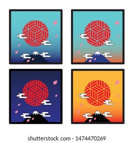 The sun with Fuji mountain, sky and cloud with maple leaf in the Autumn in Japan. Vector illustration.