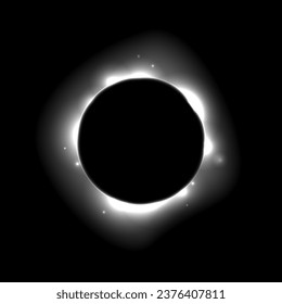 Sun full eclipse concept. Light grey moon glow background. Solar or planet total eclipse in dark space. Hot star surface flare with rays and beams effects. Vector supernova illustration