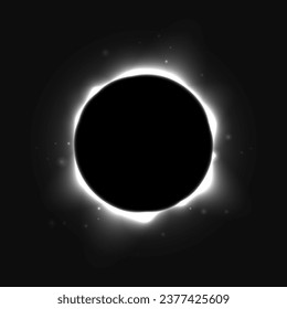 Sun full eclipse concept. Light grey moon glow background. Solar or planet total eclipse in dark space. Hot star surface flare with rays and beams effects. Vector supernova corona illustration