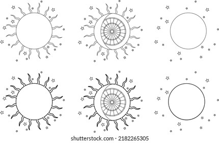 Sun, full moon and stars. Esoteric image for magical and astrological charts. Vector linear illustration isolated on white background