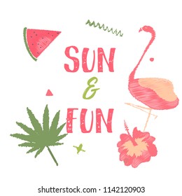 Sun and fun greeting poster geometry style with flamingo. Typography for posters, t-shirts, cards, invitations, stickers, banners, advertisement. Vector.