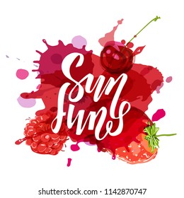 Sun and fun hand drawn lettering phrase on sand background. Vector illustration with hand lettering. Calligraphic element for your design