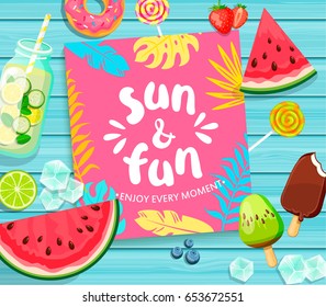 Sun And Fun Lettering On Blue Wooden Background With Tropical Leaves, Watermelon, Detox, Ice, Donut, Ice Cream, Lime And Candy. Vector Illustration.