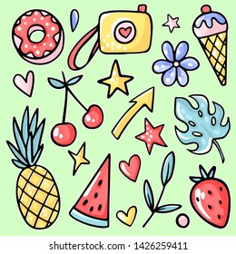 Sun and Fun. Pineapple, strawberry, cherry, ice cream, watermelon, tropical leaf, lemonade, flower, donut Set of cartoon stickers patches badges pins. Vector illustration