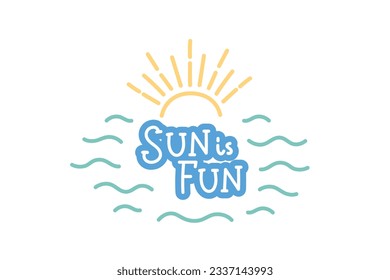 El sol es divertido, las letras de verano con el sol y las olas, cita para los diseños y las impresiones. Ilustración vectorial dibujada por mano