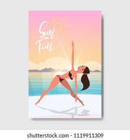 sun fun yoga woman doing exercises sunset beach badge Design Label. Season Holidays lettering for logo,Templates, invitation, greeting card, prints and posters. vector illustration