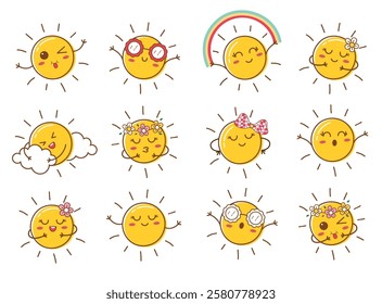 Sun funny drawing clipart icon set. Yellow sun faces with cute facial expressions and hand movements vector illustration clip art in hand drawn symbol collection.