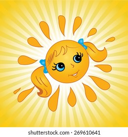 Sun girl with  pigtails and blue eyes smiling. Vector illustration.Yellow shining background 