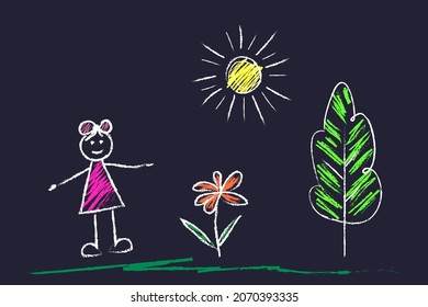 Sun  girl  tree  flower    doodle drawings are drawn by child's hand in chalk the asphalt the school blackboard  White lines   color coloring black blue background