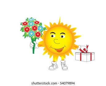 The sun gives a bunch of flowers and a gift