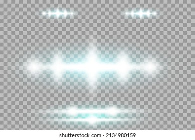 El sol resplandece. Luminoso conjunto blanco transparente de efectos de luz, resplandor, línea, destellos de sol, chispa y estrellas.
Efecto óptico del resplandor solar.