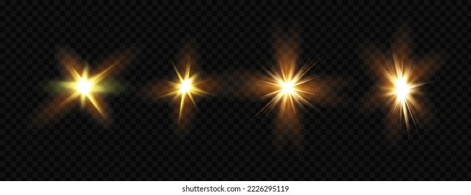 Sun glare. Glowing isolated white transparent set of light effects, glare, explosion, glitter, line, sun flare, spark and stars.