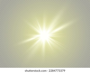 Sun glare. Glowing isolated yellow transparent set of light effects on a light background, glare, explosion, glitter, line, sun flare, spark and stars.