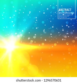 Sun Glare on Soft Blue Background. Abstract Background with Bokeh Effect.