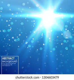 Sun Glare on Soft Blue Background. Abstract Background with Bokeh Effect.