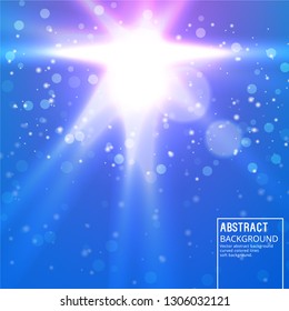 Sun Glare on Soft Blue Background. Abstract Background with Bokeh Effect.