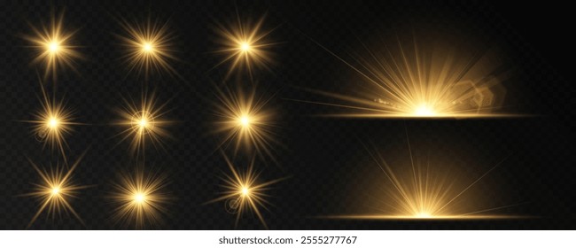 Sun glare PNG, translucent glow explosion with special light effect. A bright golden flash with deep highlights and multiple rays. Vector blur in glowing highlights for web design and illustrations