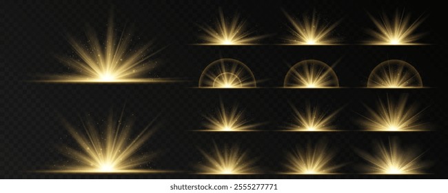 Sun glare PNG, translucent glow explosion with special light effect. A bright golden flash with deep highlights and multiple rays. Vector blur in glowing highlights for web design and illustrations