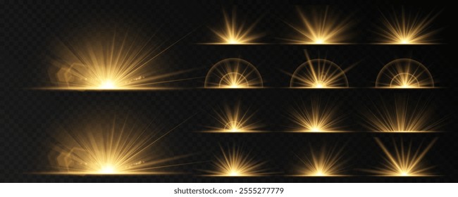 Sun glare PNG, translucent glow explosion with special light effect. A bright golden flash with deep highlights and multiple rays. Vector blur in glowing highlights for web design and illustrations