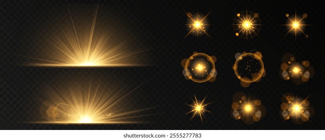 Sun glare PNG, translucent glow explosion with special light effect. A bright golden flash with deep highlights and multiple rays. Vector blur in glowing highlights for web design and illustrations