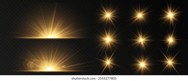 Sun glare PNG, translucent glow explosion with special light effect. A bright golden flash with deep highlights and multiple rays. Vector blur in glowing highlights for web design and illustrations