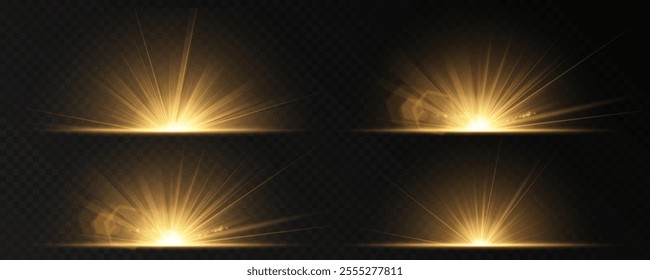 Sun glare PNG, translucent glow explosion with special light effect. A bright golden flash with deep highlights and multiple rays. Vector blur in glowing highlights for web design and illustrations