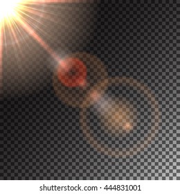 Sun and sun glare, special effects, solar flares, transparent light glitter effect, illustration.