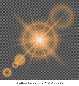 Sun glare translucent special light effect design. Isolated transparent background. Decor element. Horizontal star beams and spotlight
