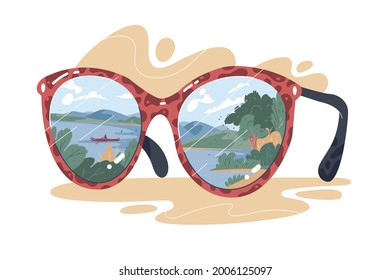 Sun glasses accessory with view vector illustration. Glasses with leopard print, nature landscape in reflection flat style. Fashion concept