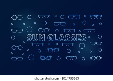 Sun glasses blue vector horizontal illustration or banner made with sunglasses and spectacles line icons on dark background