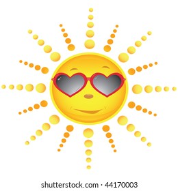 Sun in the sun glasses executed in the form of hearts. Vector illustration