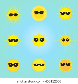 Sun. Sun in glasses icon. Sun logo. Sun label. Sun banner. Sun sunglasses pattern. Sun sky. Sun Brazil. Set of Summer Sun Face with sunglasses on blue background. Vector Illustration. Art, Web design.