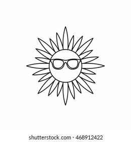 Sun in glasses icon in outline style isolated on white background. Summer symbol vector illustration