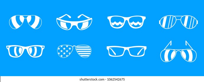 Sun glasses icon set. Simple set of sun glasses vector icons for web design isolated on blue background