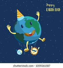 The sun in glasses and the moon throw the joyous Earth against the background of the star cosmos. Vector illustration in a cartoon style on the day of the Earth.