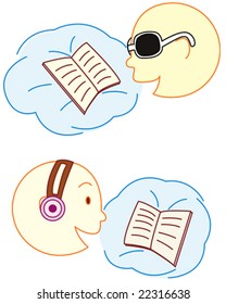 Sun with sun glasses reading book and sun with headphone reading book