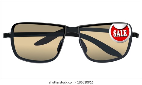 Sun glasses with a red label. Vector illustration
